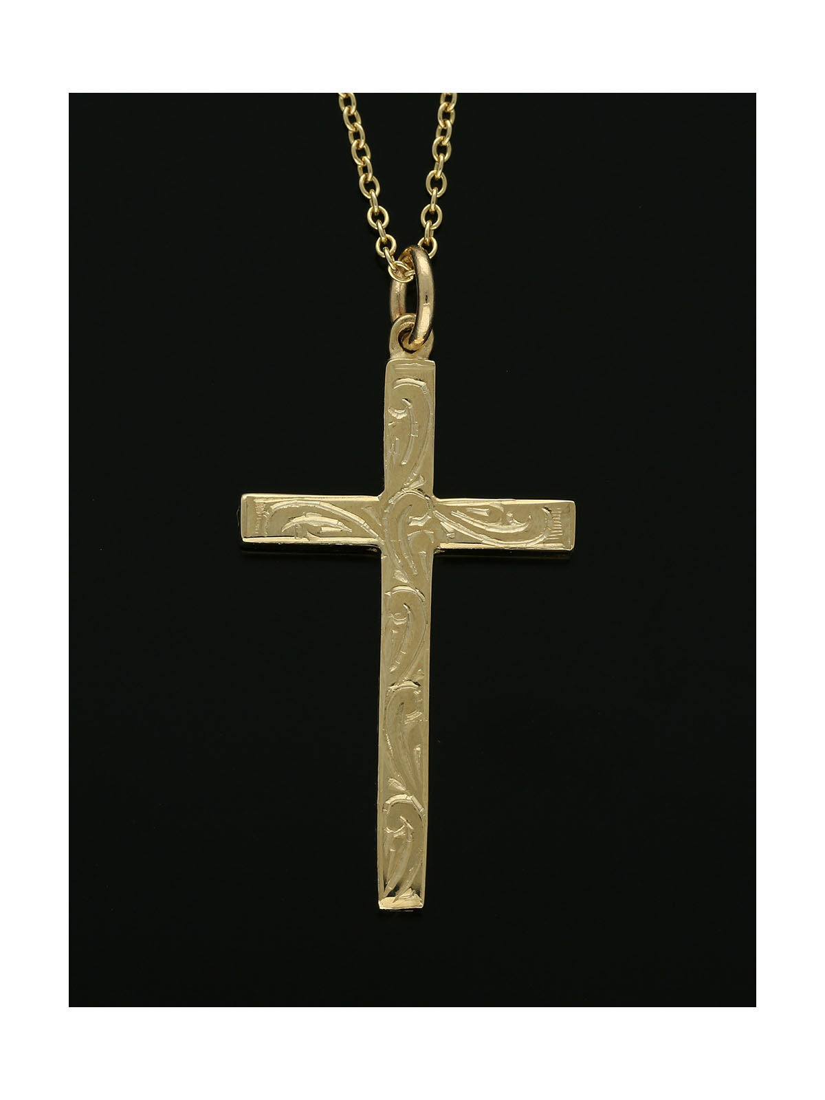 Engraved Cross Pendant Necklace 18x30mm in 9ct Yellow Gold