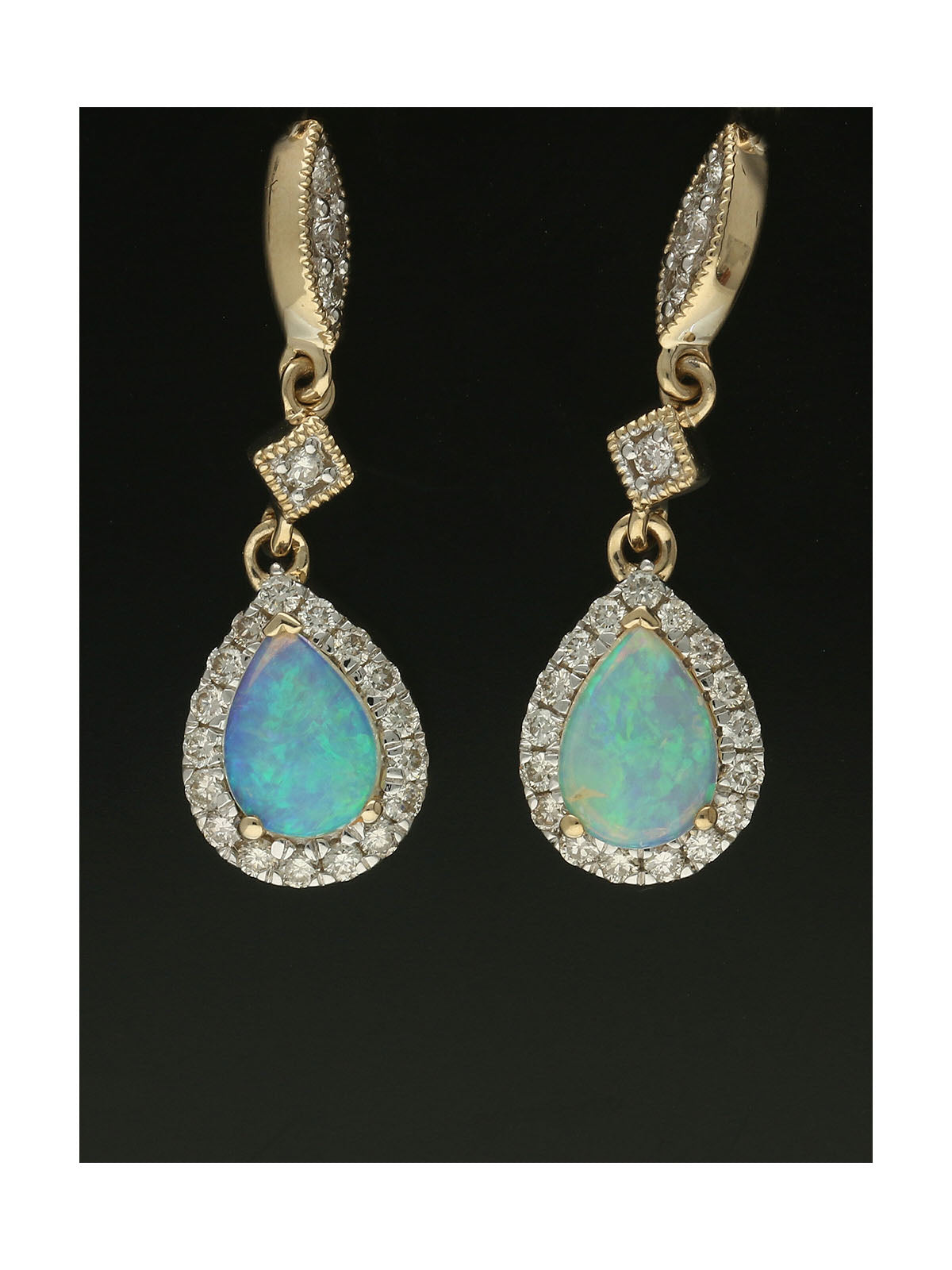 Opal & Diamond Pear Halo Drop Earrings in 9ct Yellow Gold