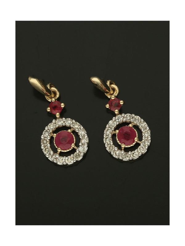 Ruby & Diamond Round Halo Drop Earrings in 9ct Yellow Gold
