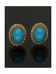 Turquoise Oval Rope Edge Stud Earrings in 9ct Yellow Gold