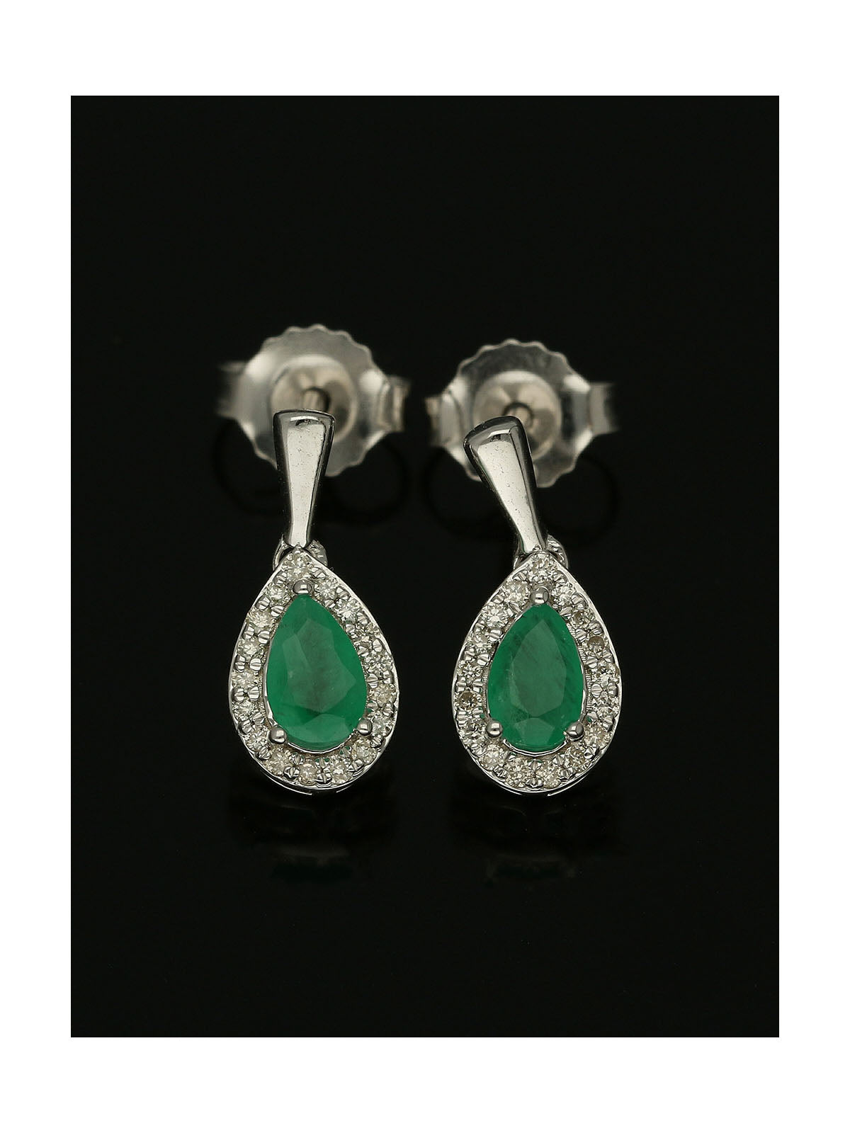 Emerald & Diamond Pear Claw Set Halo Drop Earrings in 9ct White Gold