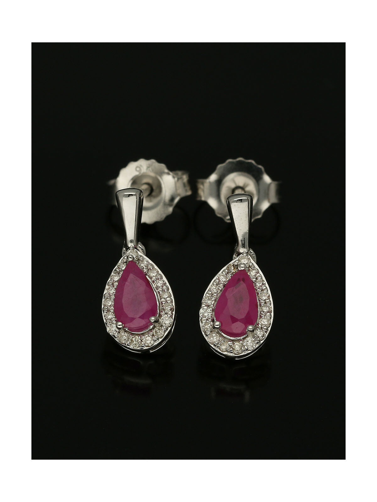 Ruby & Diamond Pear Claw Set Halo Drop Earrings in 9ct White Gold