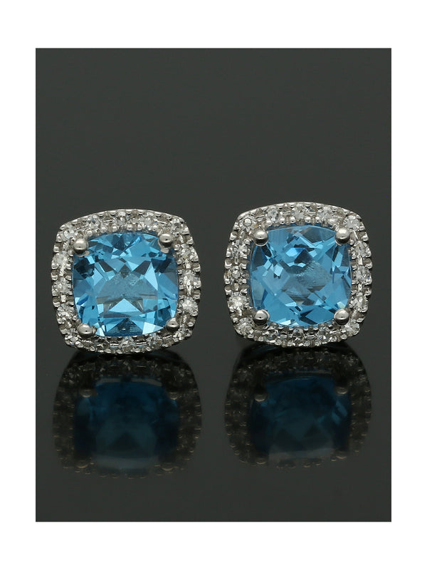 Blue Topaz & Diamond Cluster Stud Earrings in 9ct White Gold
