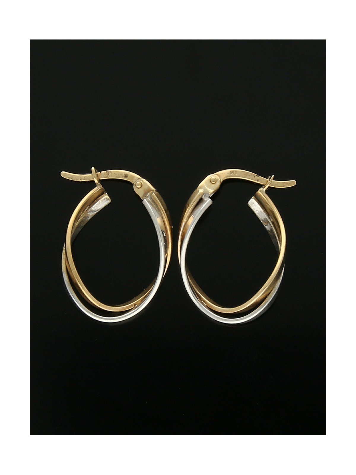 Elongated Wavy Hoop Earrings 14mm in 9ct Yellow & White Gold