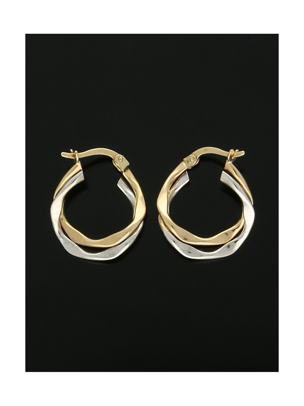 Hammered Wavy Hoop Earrings 18mm in 9ct Yellow & White Gold