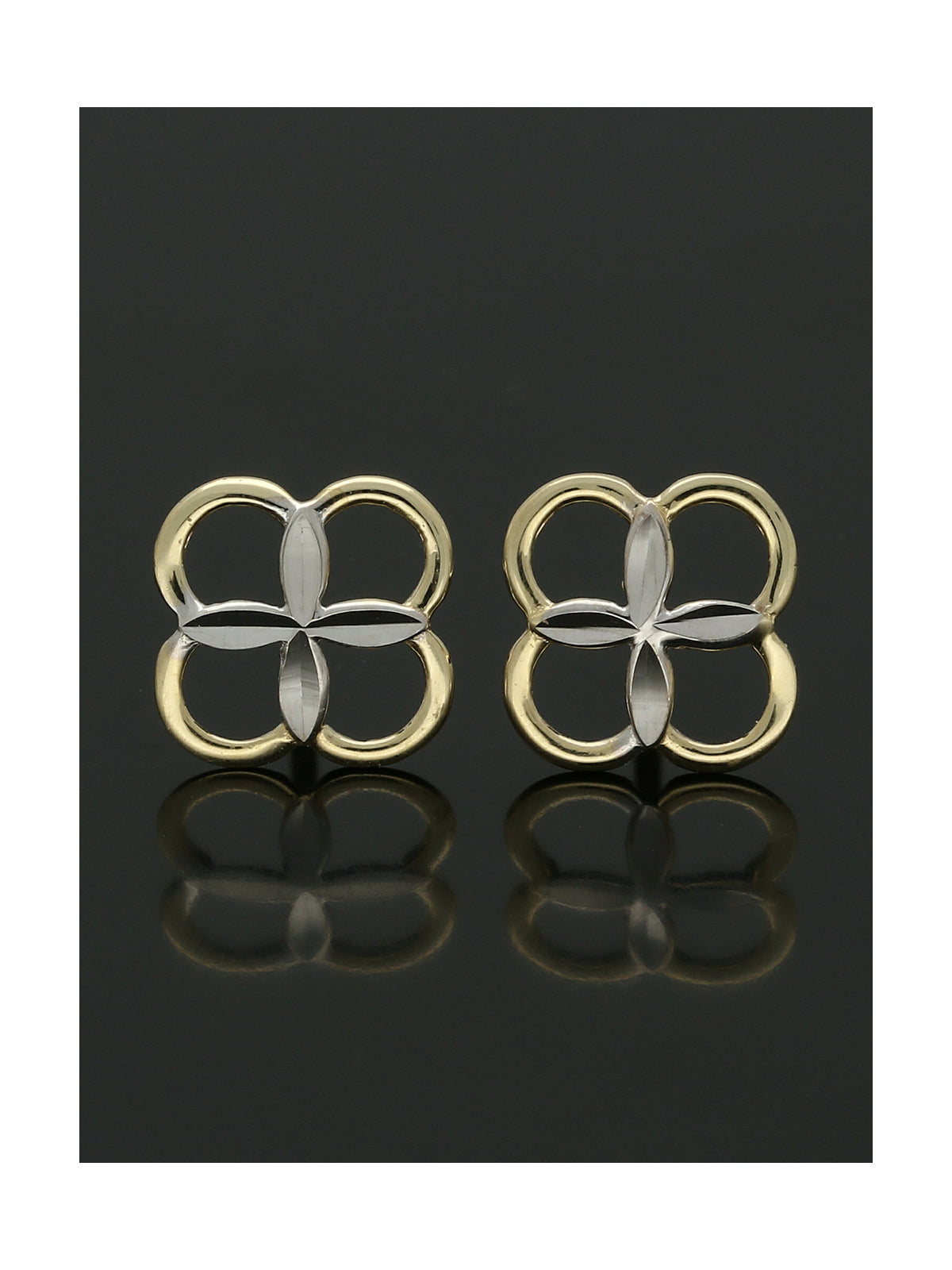 Four Leaf Clover Stud Earrings 7mm in 9ct Yellow and White Gold