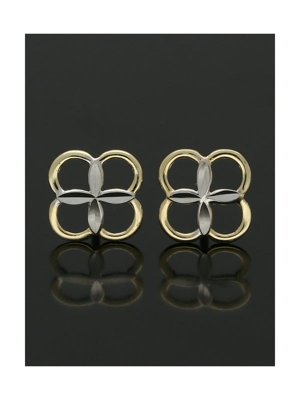 Four Leaf Clover Stud Earrings 7mm in 9ct Yellow and White Gold