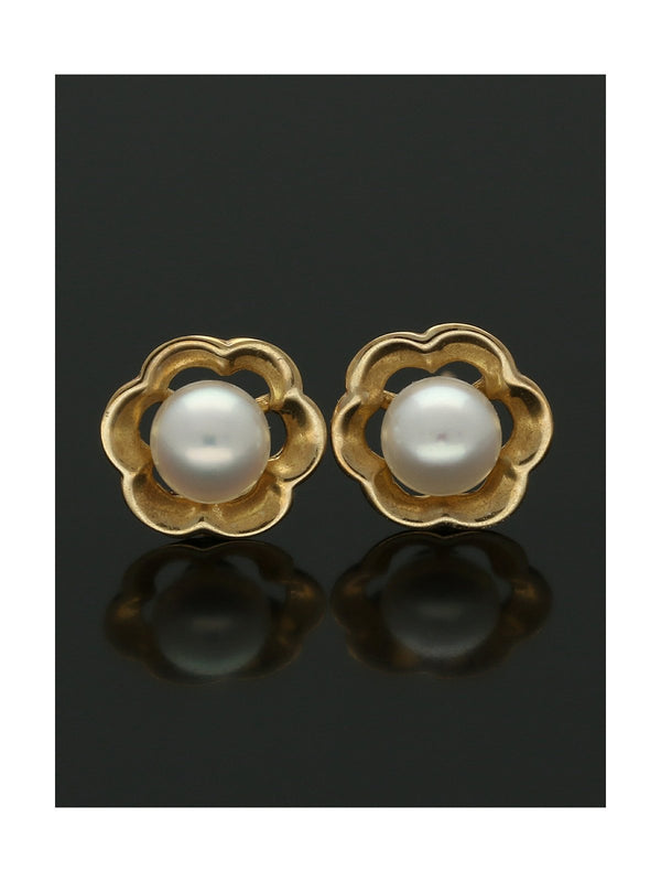 White Freshwater Pearl Flower Stud Earrings in 9ct Yellow Gold