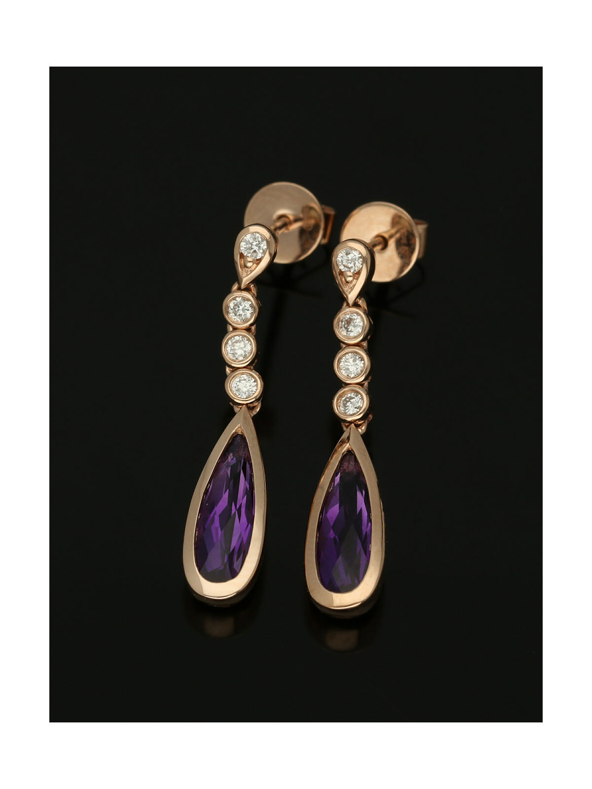 Amethyst & Diamond Teardrop Drop Stud Earrings in 9ct Rose Gold