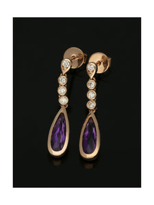 Amethyst & Diamond Teardrop Drop Stud Earrings in 9ct Rose Gold