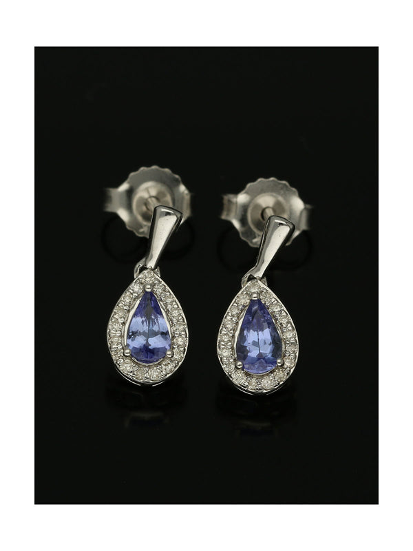 Tanzanite & Diamond Pear Claw Set Halo Drop Earrings in 9ct White Gold