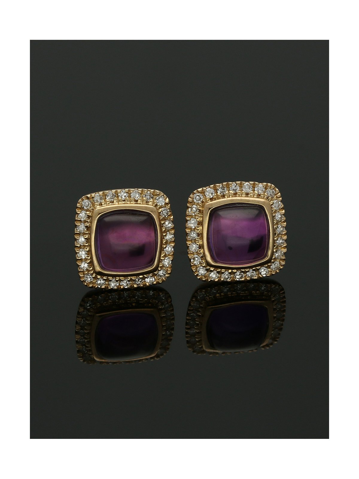 Amethyst & Diamond Cushion Cabachon Stud Earrings in 9ct Yellow Gold
