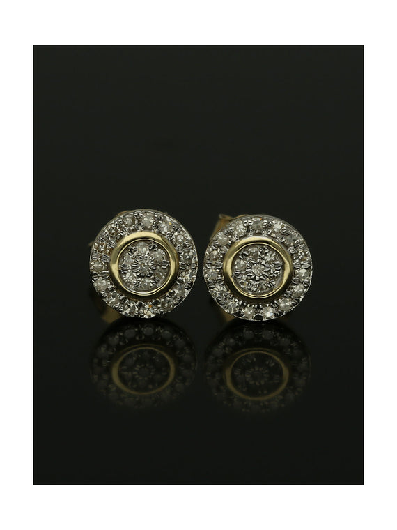 Diamond Round Brilliant Halo Cluster Stud Earrings in 9ct Yellow Gold