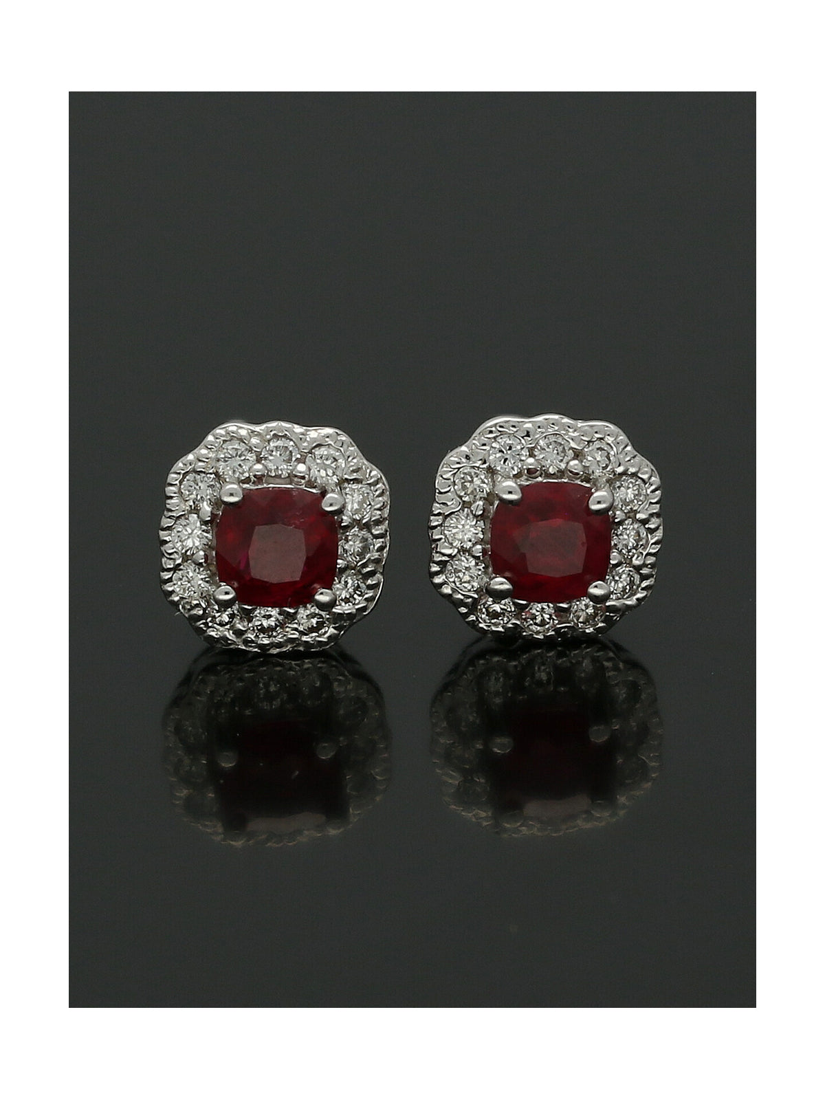 Ruby & Diamond Cluster Cushion Cut Stud Earrings in 18ct White Gold