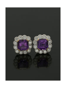 Amethyst and Diamond Cluster Stud Earrings in 18ct Yellow and White Gold