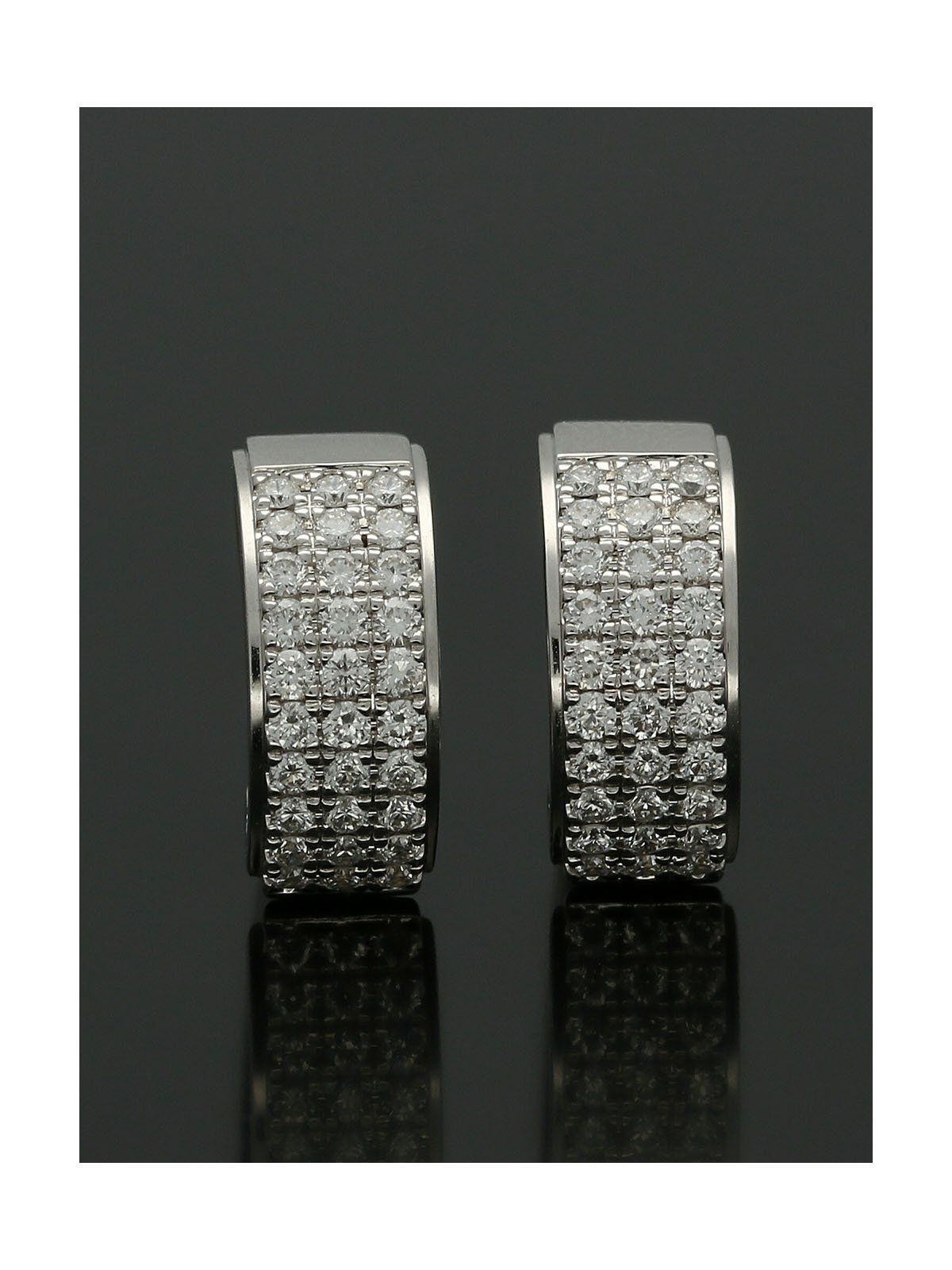 Huggie Hoop Style Earrings with Three Rows of Diamonds in 18ct White Gold