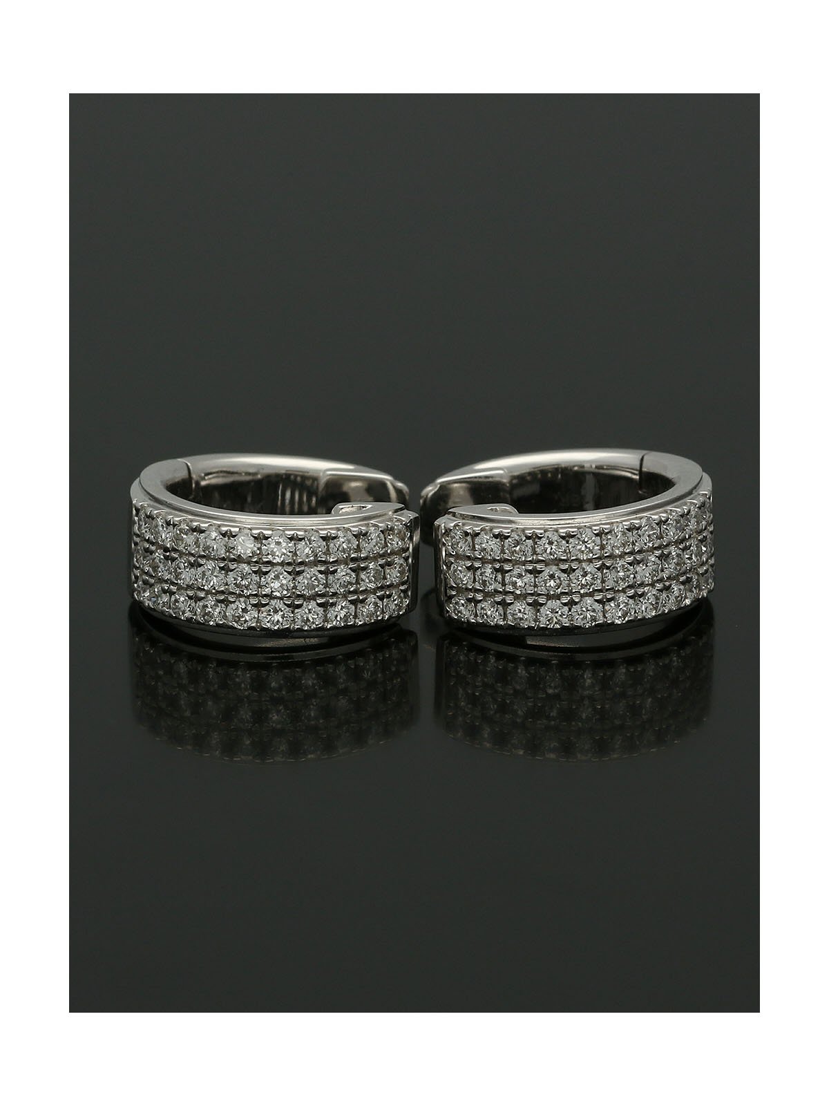 Huggie Hoop Style Earrings with Three Rows of Diamonds in 18ct White Gold