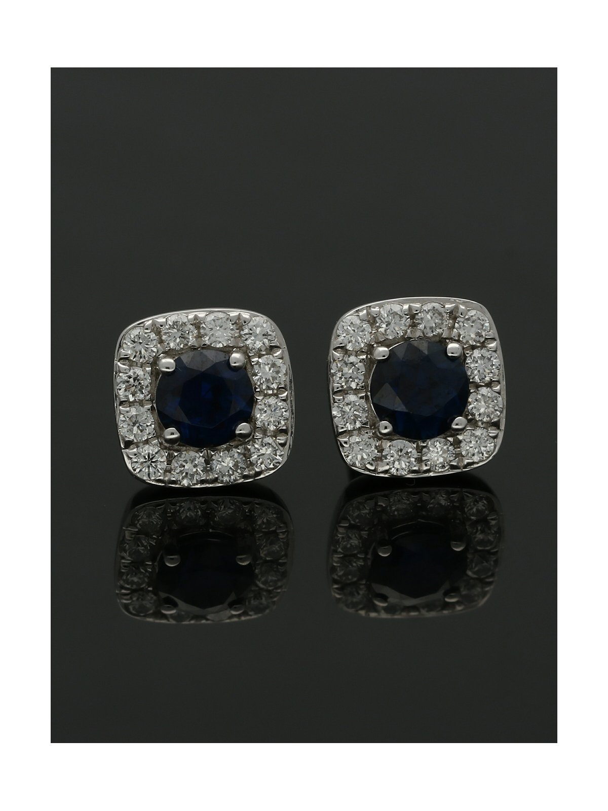 Sapphire & Diamond Cushion Shape Cluster Earrings in 18ct White Gold