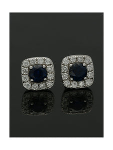 Sapphire & Diamond Cushion Shape Cluster Earrings in 18ct White Gold