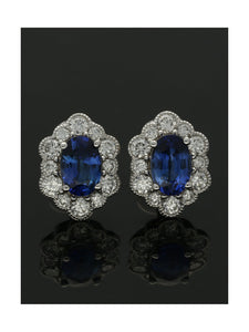 Sapphire & Diamond Milgrain Cluster Stud Earrings in 18ct White Gold