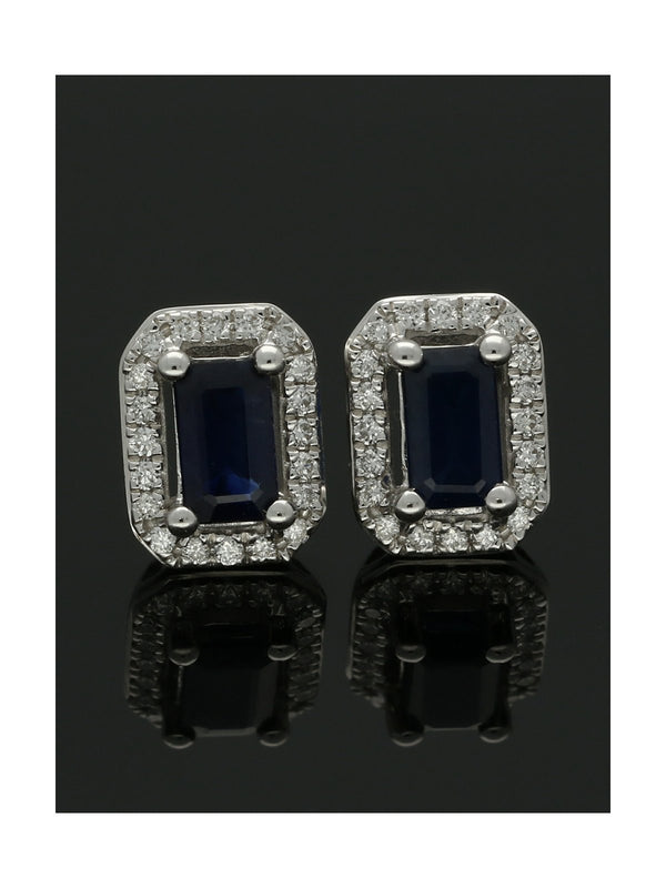 Sapphire & Diamond Oblong Cluster Stud Earrings in 18ct White Gold