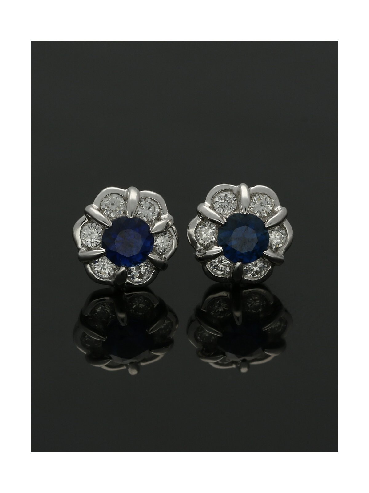 Sapphire & Diamond Flower Cluster Stud Earrings in 18ct White Gold