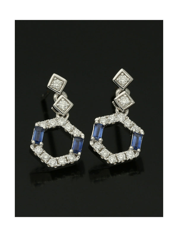 Sapphire & Diamond Hexagon Drop Earrings in 18ct White Gold