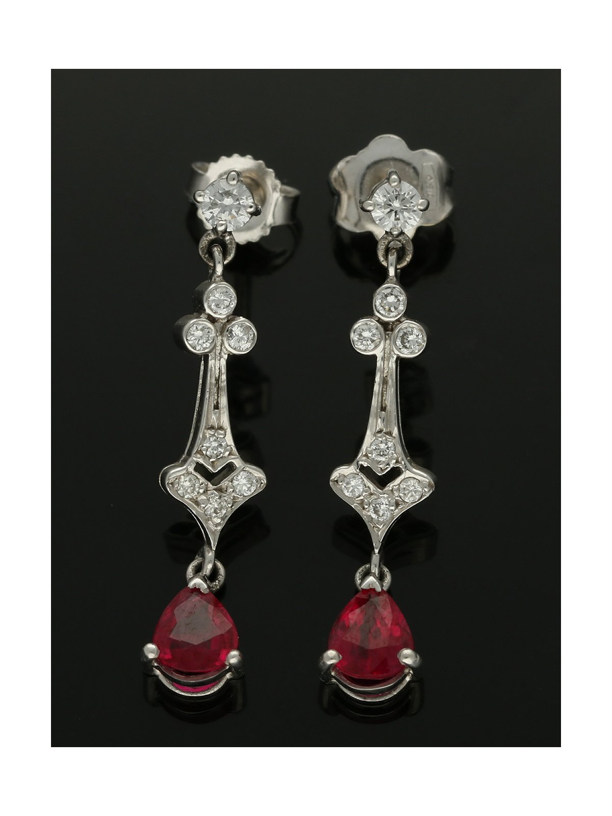 Pear Cut Ruby & Diamond Drop Earrings in 18ct White Gold