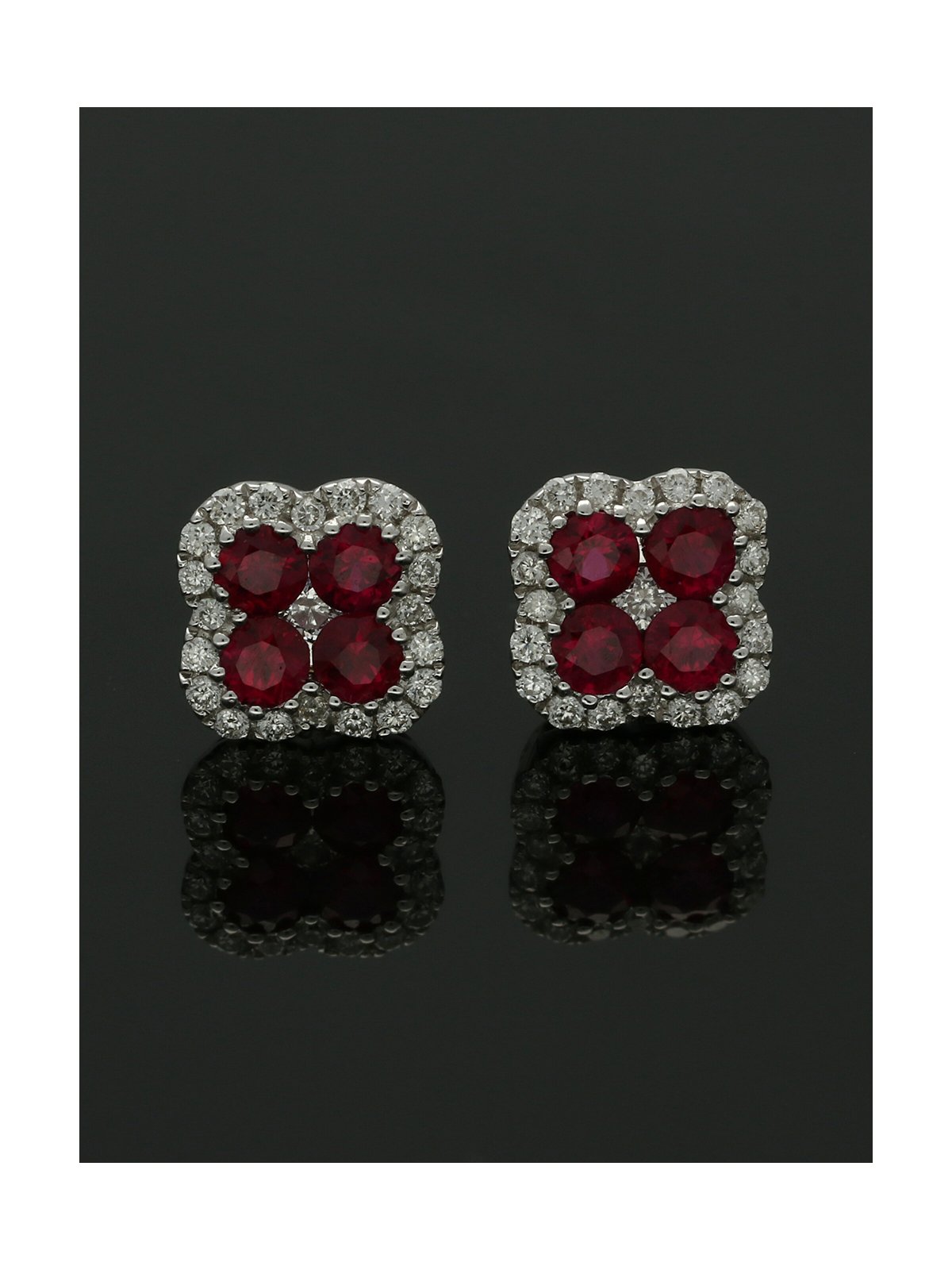 Ruby & Diamond Clover Stud Earrings in 18ct White Gold