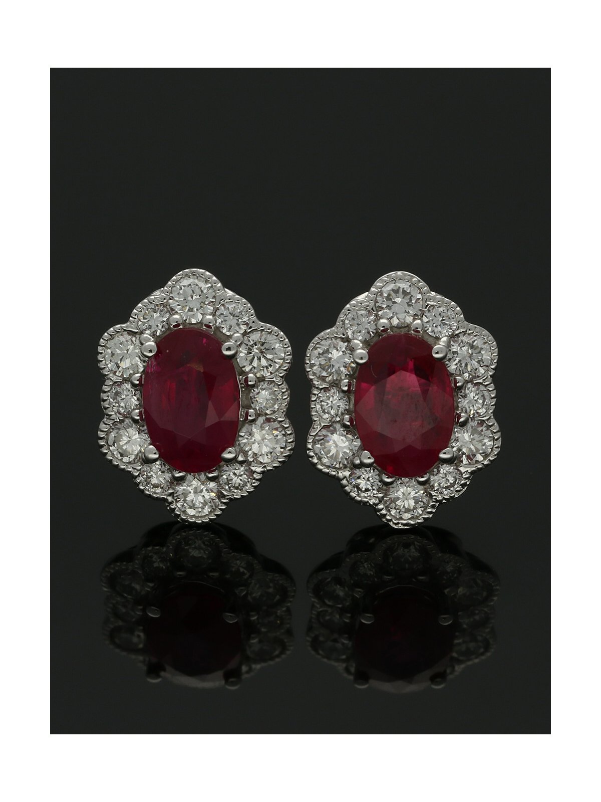Ruby & Diamond Set Oval Cluster Earrings in 18ct Yellow & White Gold