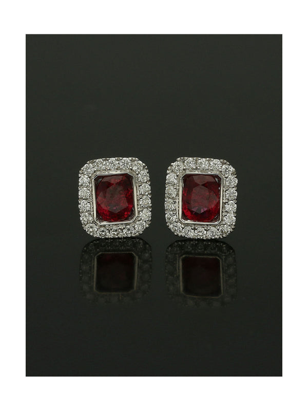 Ruby & Diamond Oval Cut Halo Stud Earrings in 18ct White Gold