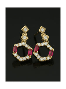 Ruby & Diamond Hexagon Drop Stud Earrings in 18ct Yellow Gold