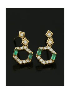 Emerald & Diamond Hexagon Drop Stud Earrings in 18ct Yellow Gold