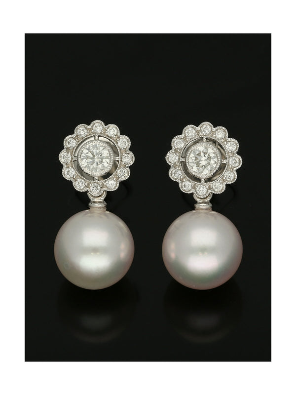 Pearl and Diamond Cluster Drop Earrings in 18ct White Gold