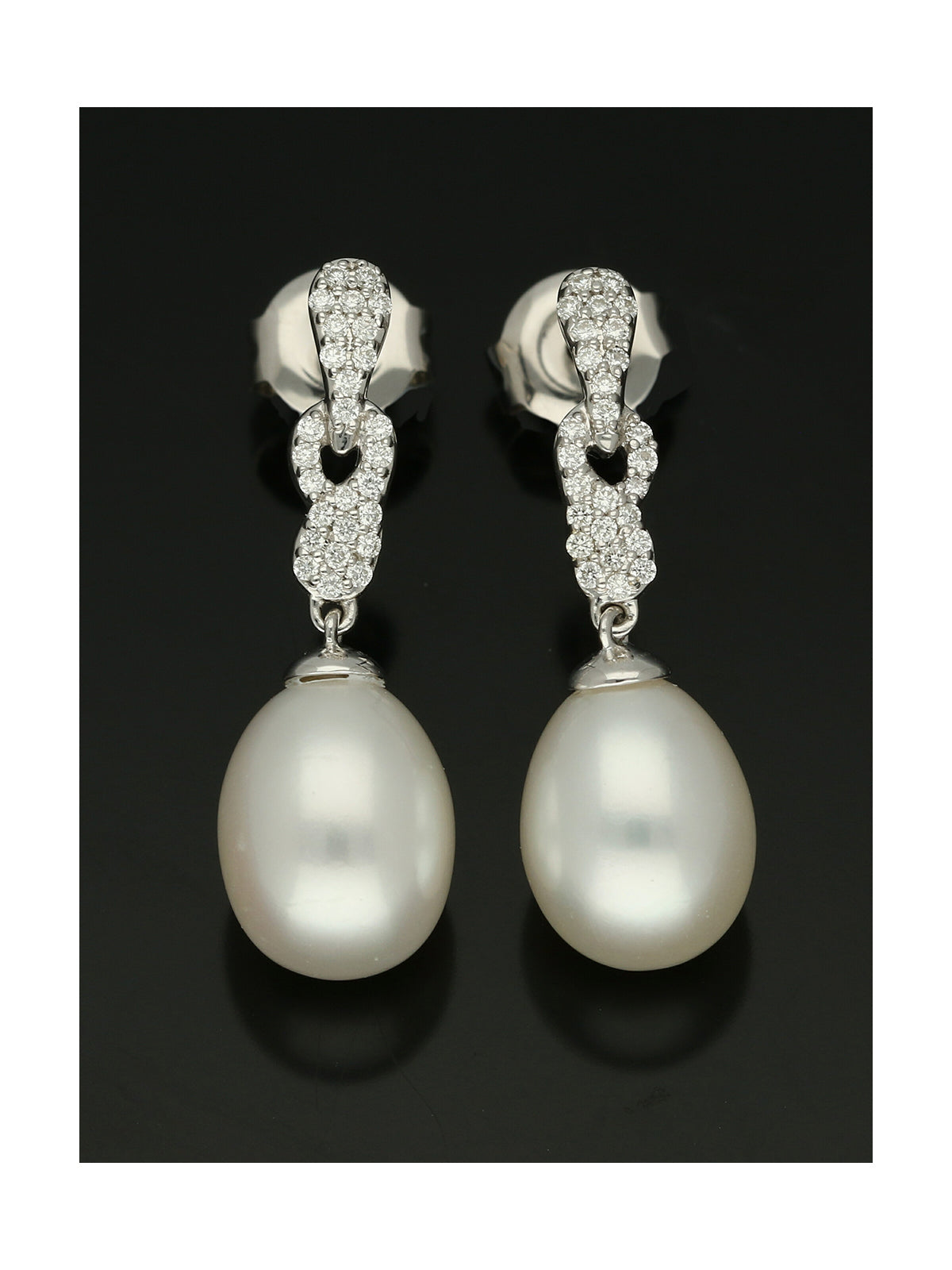 White Cultured Pearl & Diamond Drop Earrings in 9ct White Gold