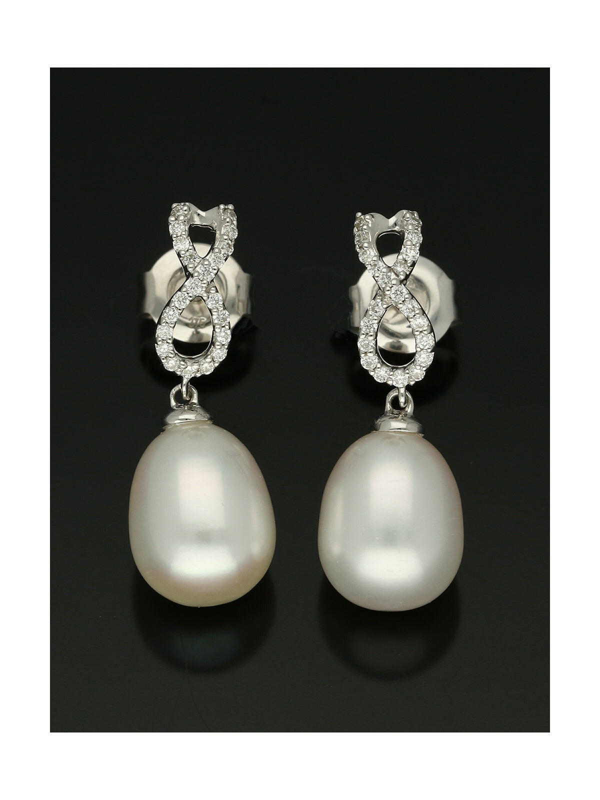 White Cultured Pearl & Diamond Drop Earrings in 9ct White Gold
