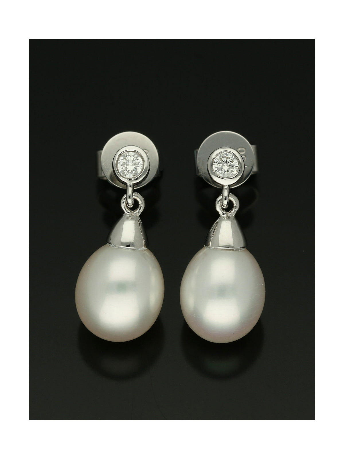 White Freshwater Pearl & Diamond Drop Earrings in 18ct White Gold