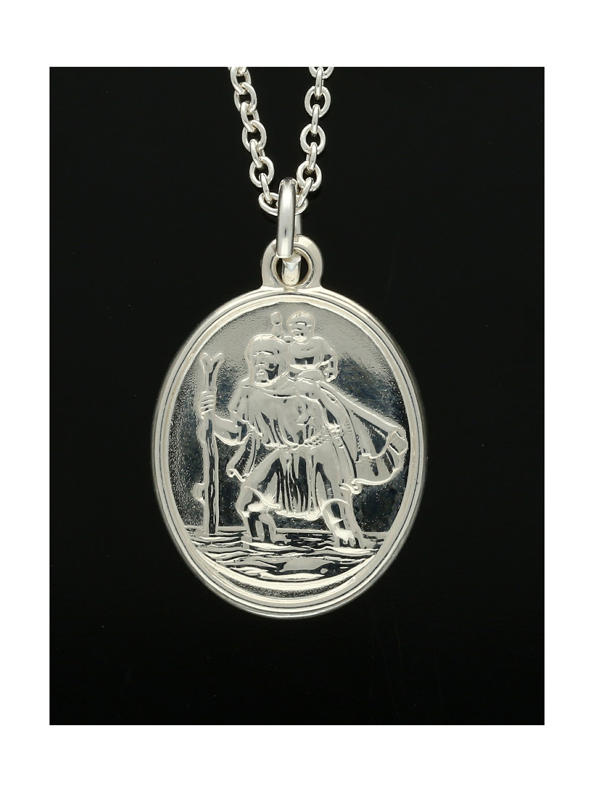 St Christopher Oval Pendant Necklace in Silver
