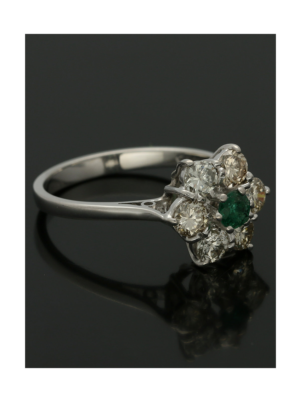 Pre Owned Emerald & Diamond Cluster Ring in 18ct White Gold