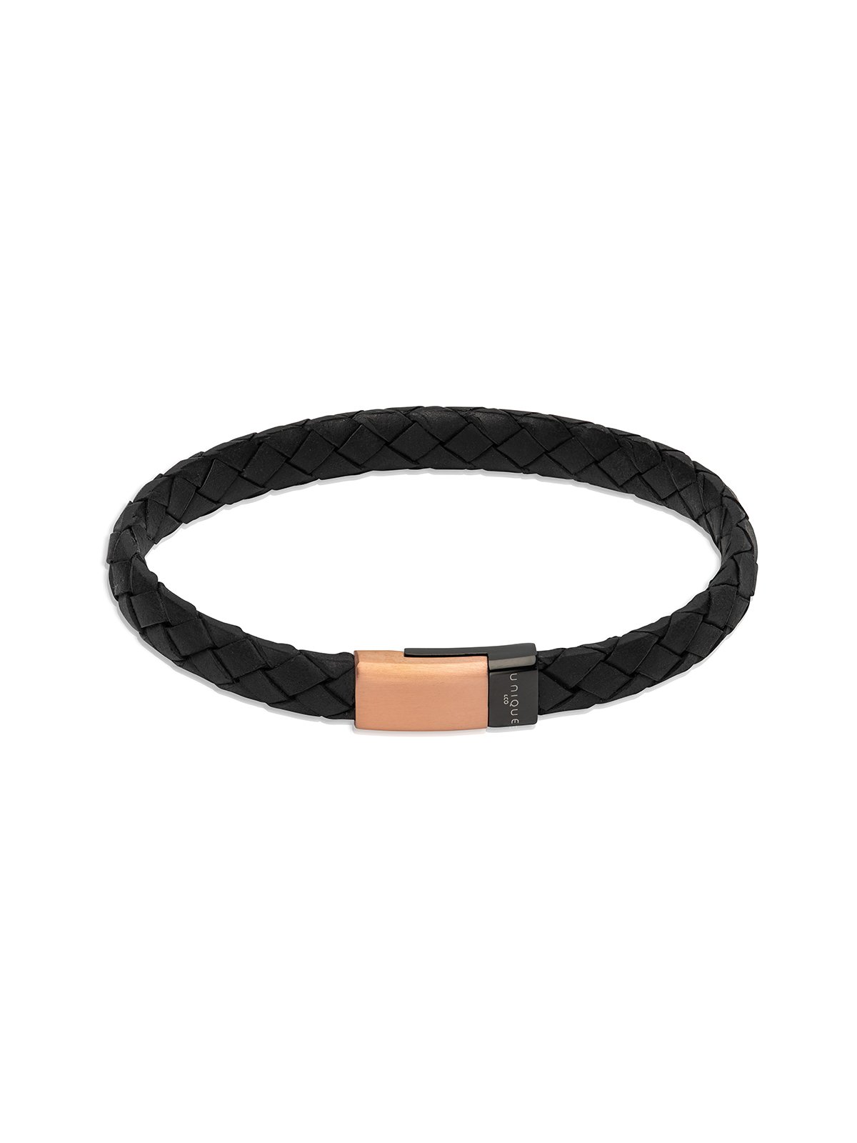 Unique & Co. 21cm Black Leather Bracelet with Rose Gold Plated Steel Clasp