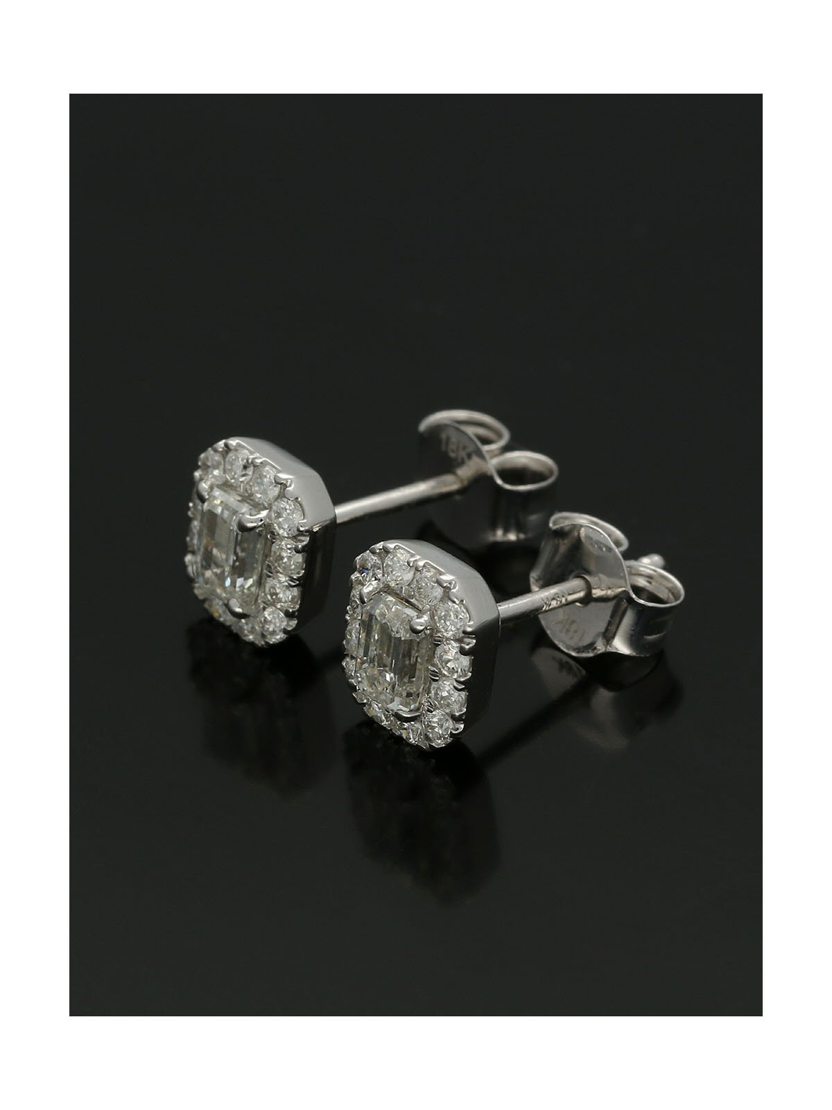 Diamond Cluster Stud Earrings 0.88ct Emerald & Round Brilliant Cut in 18ct White Gold