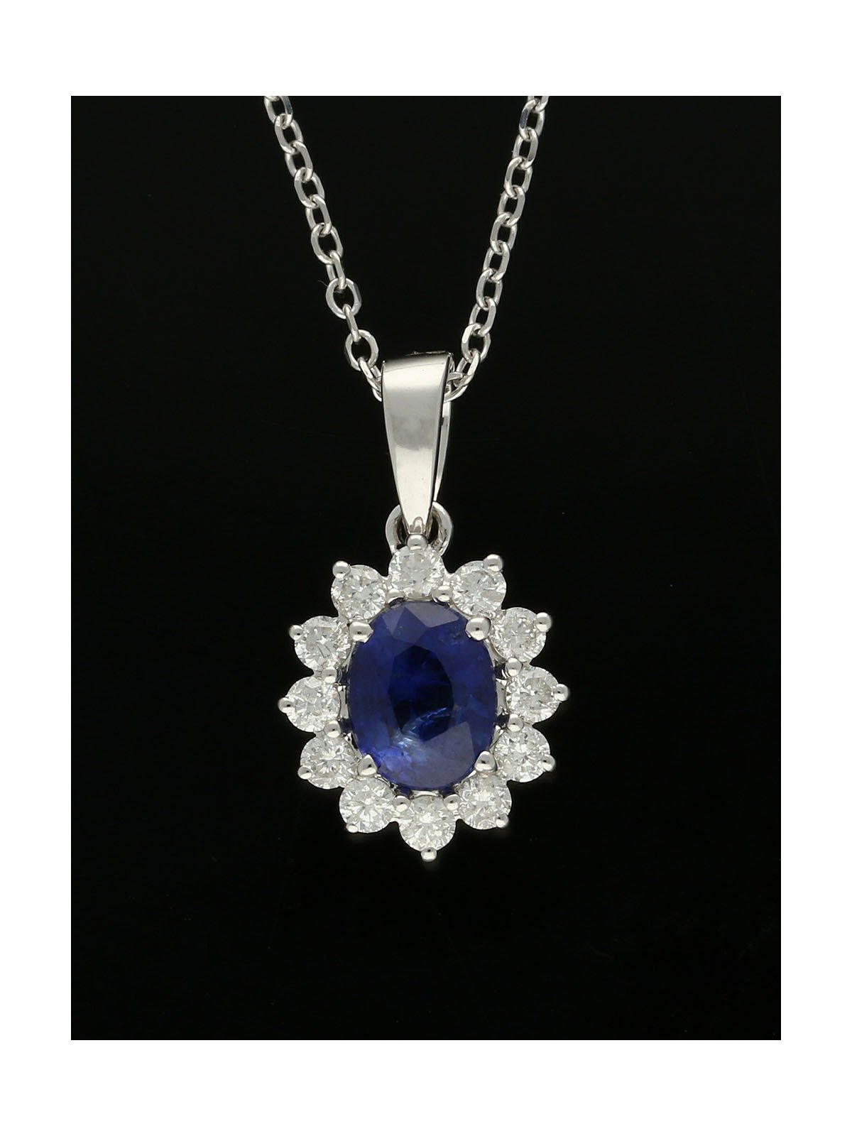 Sapphire & Diamond Cluster Pendant Oval & Round Brilliant Cut in 18ct White Gold