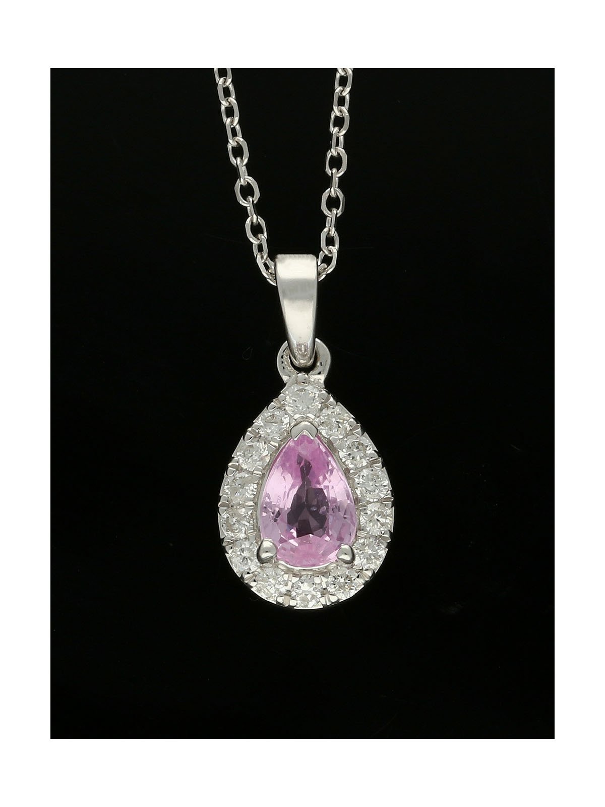 Pink Sapphire & Diamond Cluster Pendant Pear & Round Brilliant Cut in 18ct White Gold