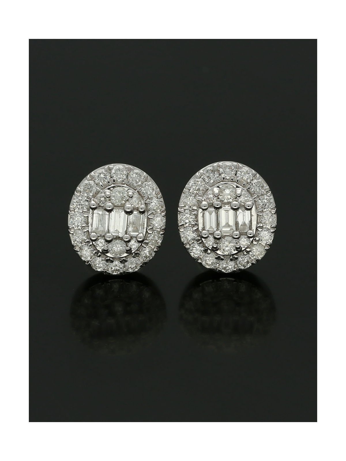 Diamond Cluster Stud Earrings 0.75ct Baguette & Round Brilliant Cut in 18ct White Gold