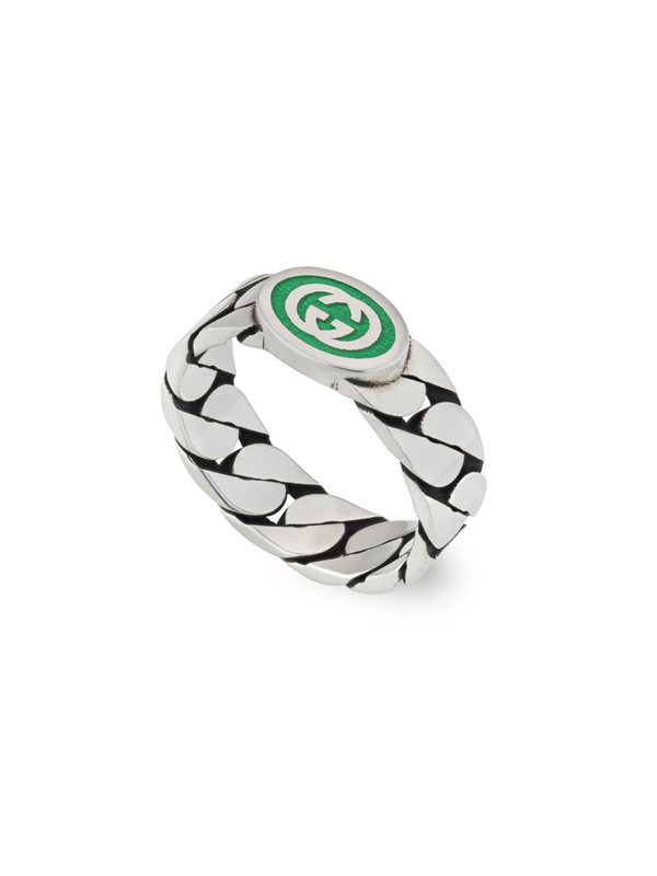 Gucci Interlocking G Ring in Silver & Green Enamel - Size 14