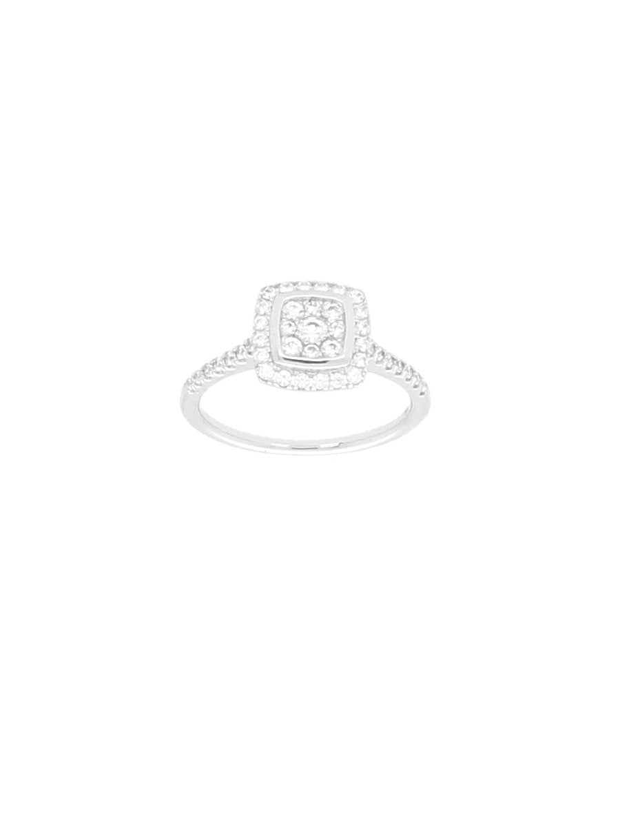 Silver & Cubic Zirconia Cushion Cluster Halo Ring with Zirconia Shoulders