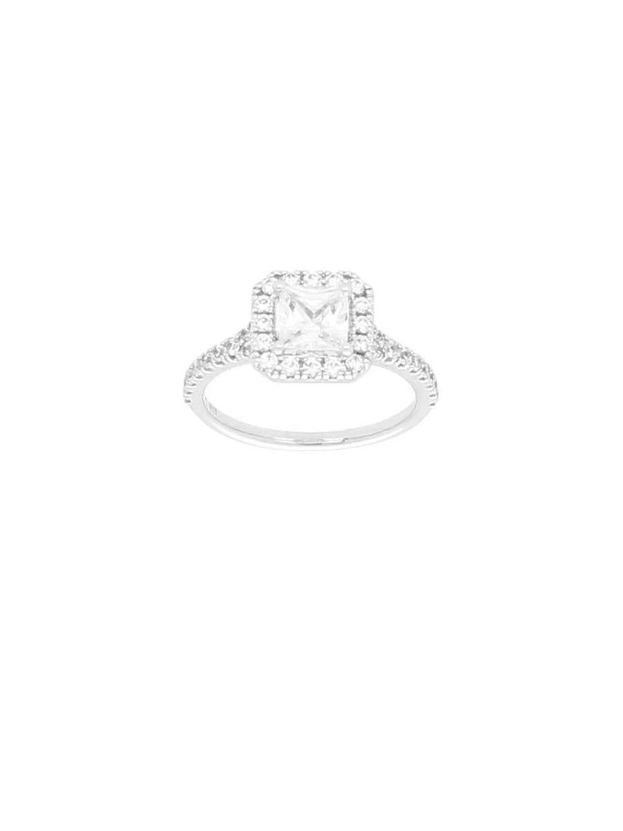 Silver & Cubic Zirconia Cushion Halo Ring with Zirconia Shoulders
