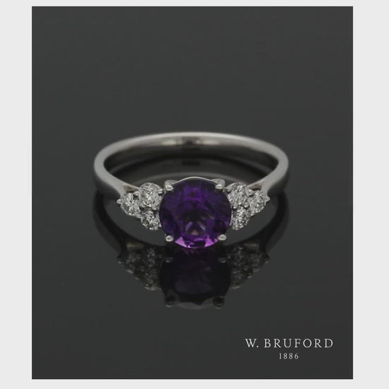 Amethyst & Diamond Trefoil Ring in 18ct White Gold